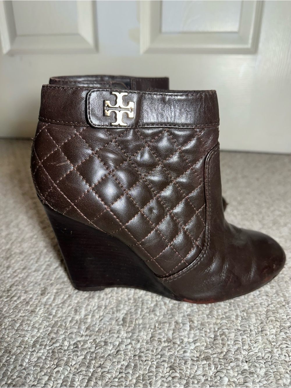 Tory Burch Dark Brown Quilted Leather Wedge Ankle Boots